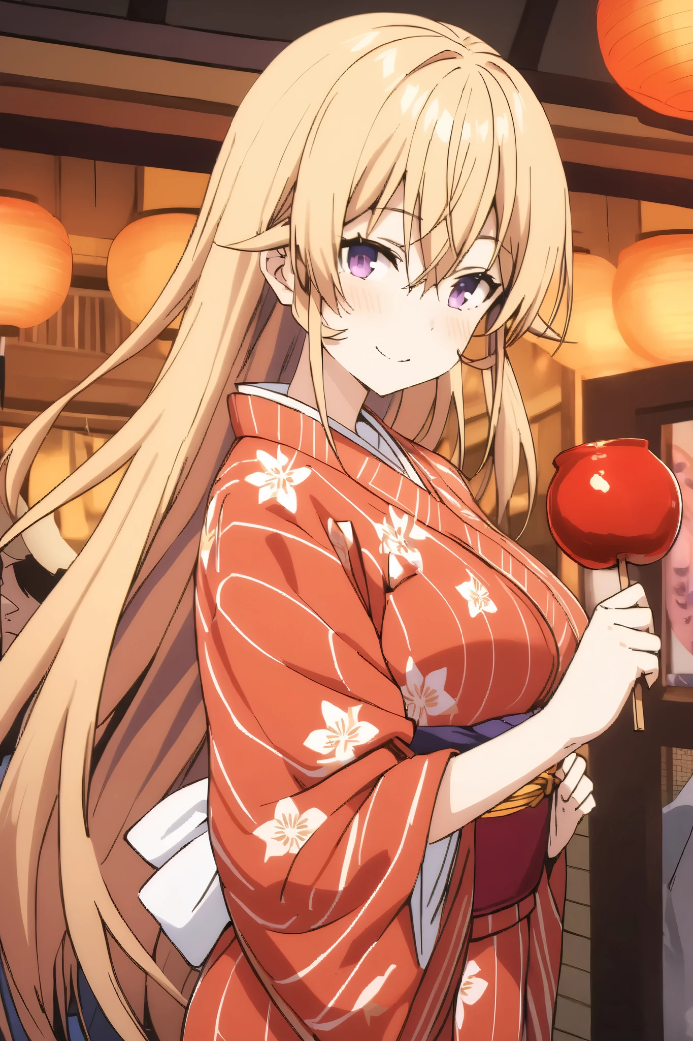 NSFW,masterpiece, top quality , high res, very detailed,Elina Nakiri 、 long hair、 orange hair、 purple eyes、 hair between eyes , kimono,yukata,shrine,Festivals,Opening a store,Lantern, happy smiles ,Candy apples