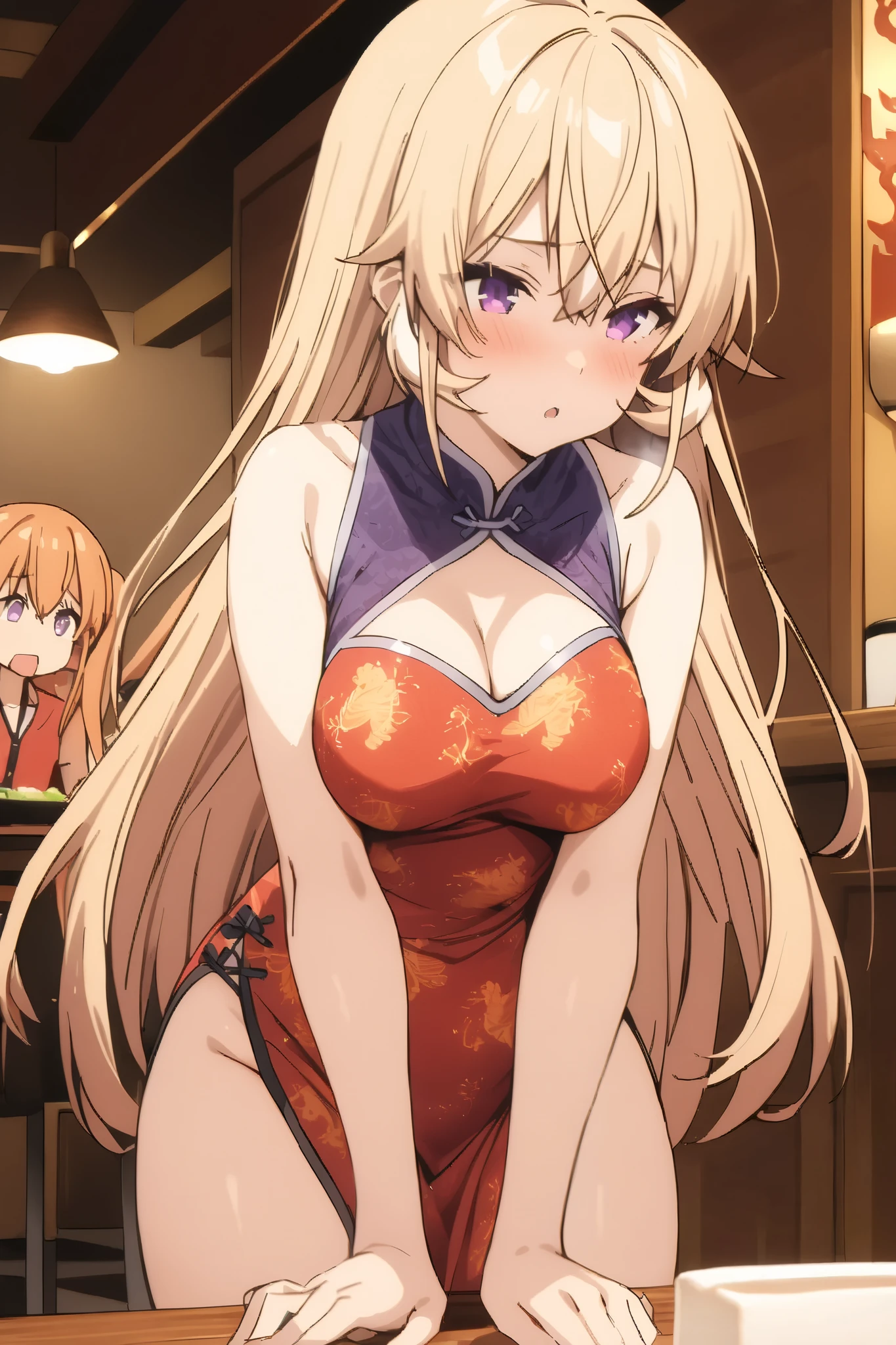 NSFW,masterpiece, top quality , high res, very detailed,Elina Nakiri 、 long hair、 orange hair、 purple eyes、 hair between eyes , China Dress, cleavage,restaurant