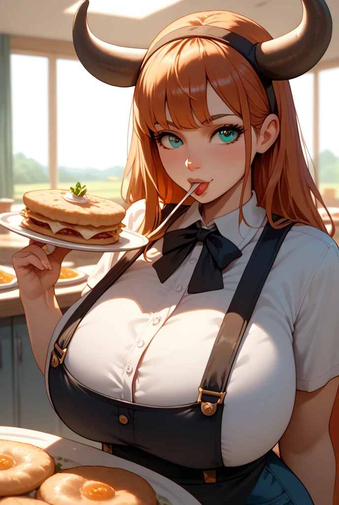  1 girl, solo,  high res, Gigantic, giant,Eat cows,Ranch, huge breasts, Suspenders,