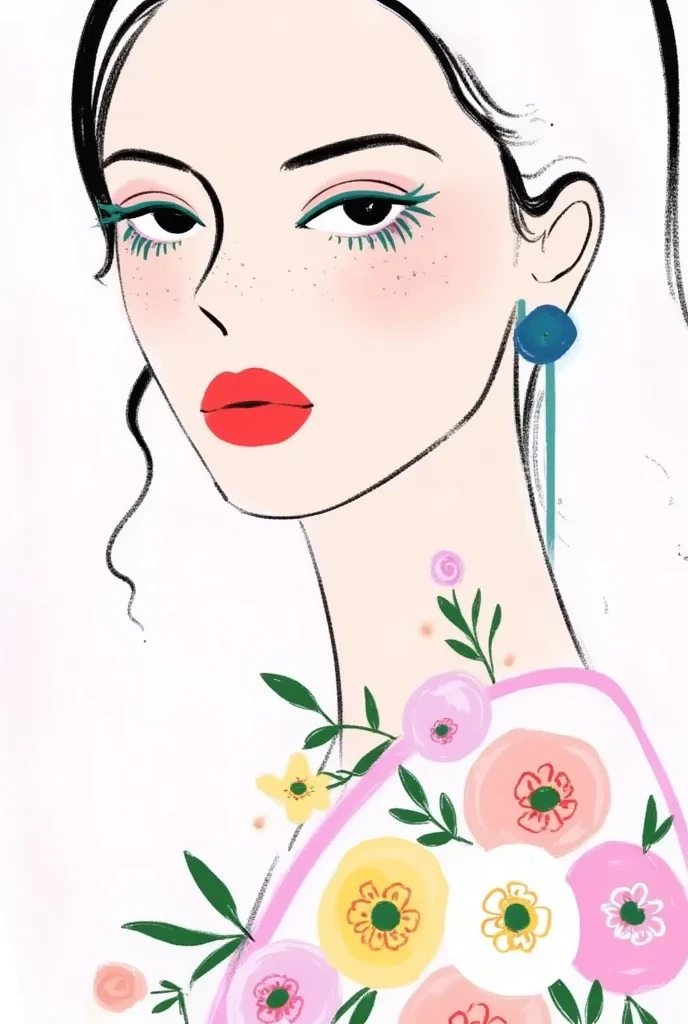  fashion design sketch ：Girl illustration,luxury floral jewelry , ,  digital painting , Fine Hair, (Black Line)，Illustration style, Digital Illustration,  Color Sketch , watercolor Illustration style,