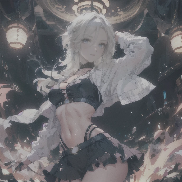 A woman with braided silver hair and a short bob sings、Embarrassed look、Big smile、Idol、Short skirt、Belly button、（Messy light）、（Best Highlights）、（Best Shadow）、（Highest detail）、（Highest quality 8K）、（Tabletop）