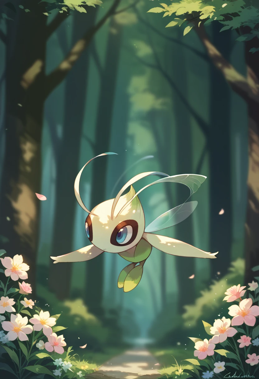 score_9, score_8_up, score_7_up, score_6_up, source_furry, solo, dof,  full-length portrait, blurred background,  celebi, wings, pokemon (creature), forest, flowers, cinematic, flower petals blowing in wind, Celebi, flying, side profile