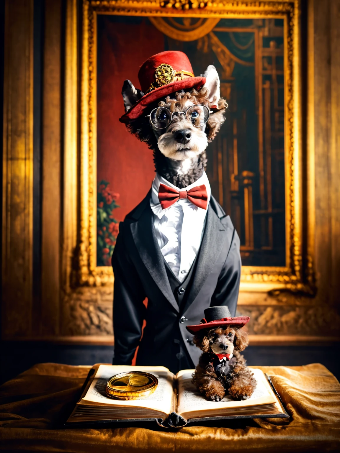 anthropomorphic (red poodle breed dog)+ with a human body, wearing a tuxedo, gold-rimmed glasses, looking handsome and debonair, donning an aristocratic hat on its head, a golden pocket watch on its chest, holding an English book in its hand, set against the backdrop of a magnificent castle, oil painting hanging on the castle wall, in the style of the Renaissance
