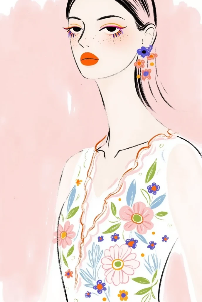  fashion design sketch ：Girl illustration,luxury floral jewelry , ,  digital painting , Fine Hair, (Black Line)，Illustration style, Digital Illustration,  Color Sketch , watercolor Illustration style,