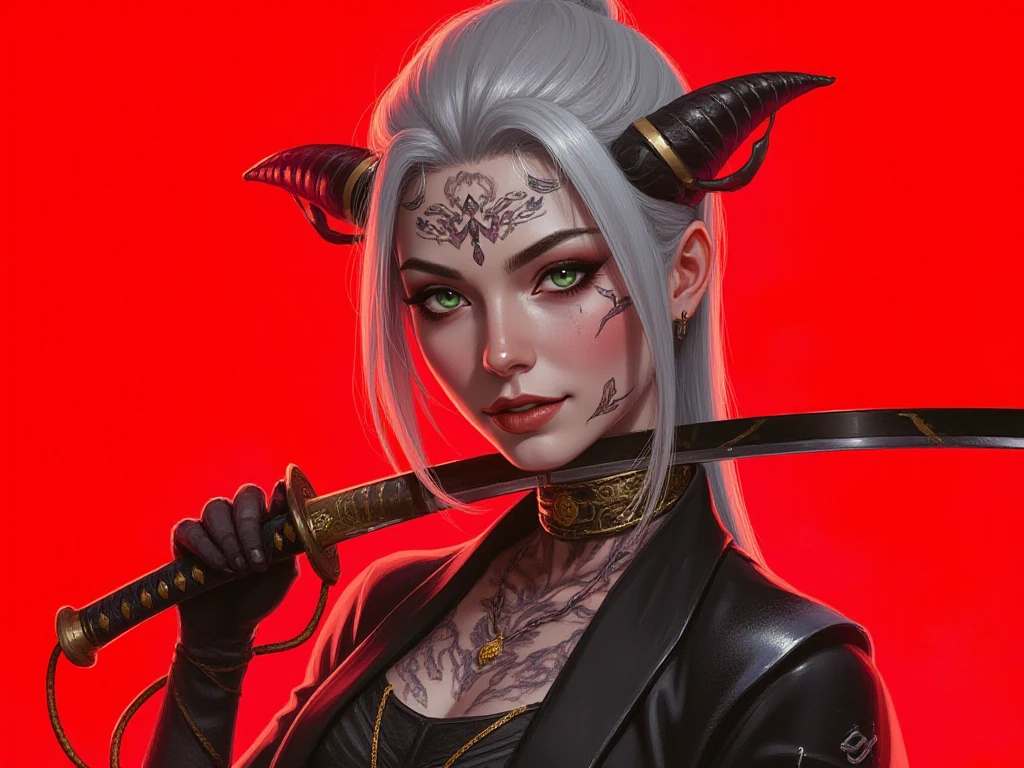  A beautiful young Korean woman .
Gray hair , Chanel style.
Emerald green eyes, expressive, obfuscating, bioluminescentes. 
 angry expression .
tattooed face.
2 horns on the forehead.
 snow-white skin .
 You are holding a katana sword horizontally with your right hand.
Pose de batalha.
 Simple red background.
(anime style 32K, 3d, HDR, UHD, intricate detail, extremely intricate detail, hyperrealistic, extremely realistic, high quality,   vivid color  , extremely detailed).