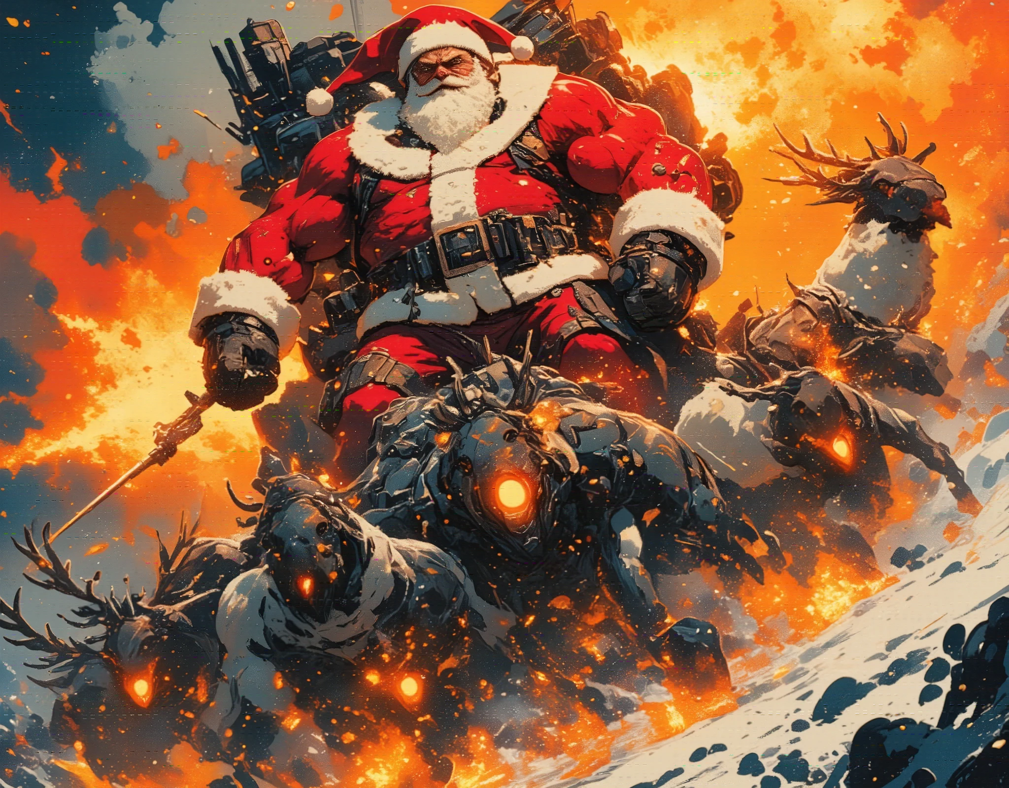 ((UHD, retina, masterpiece:1.2, anatomically correct, good anatomy:1.3, textured skin, super detail, high details, best quality, highres icon:1.3, 8k)), Strong Body Santa Claus , Beard Flickering Like Fire , An Aura Bursting Out of Their Eyes , Muscles are pushing up Santa clothes, Thick Muscular Arms , Santa Claus Riding a Heavily Armed Sleigh , Reindeer breathing fire out of his mouth , Reindeer with Strong Body , Overlooking:1.3, Dramatic:1.1, Dynamic Paintbrush