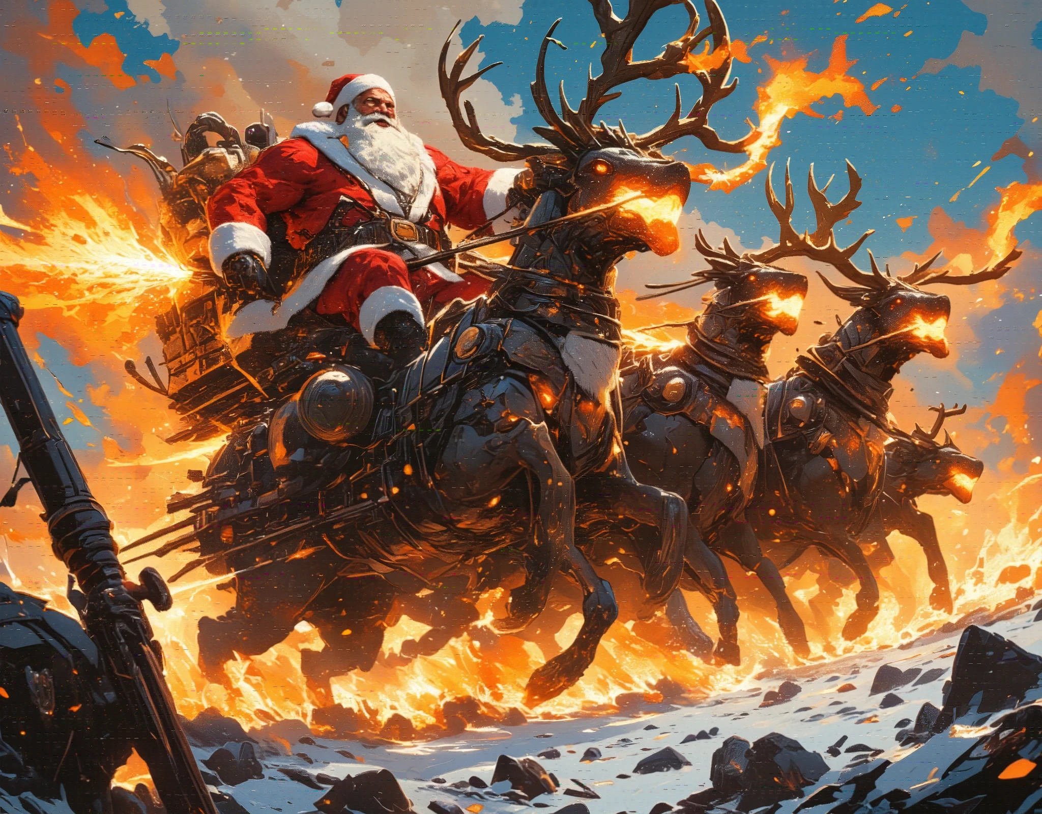 ((UHD, retina, masterpiece:1.2, anatomically correct, good anatomy:1.3, textured skin, super detail, high details, best quality, highres icon:1.3, 8k)), Strong Body Santa Claus , Beard Flickering Like Fire , An Aura Bursting Out of Their Eyes , Muscles are pushing up Santa clothes, Thick Muscular Arms , Santa Claus Riding a Heavily Armed Sleigh , Reindeer breathing fire out of his mouth , Reindeer with Strong Body , Overlooking:1.3, Dramatic:1.1, Dynamic Paintbrush