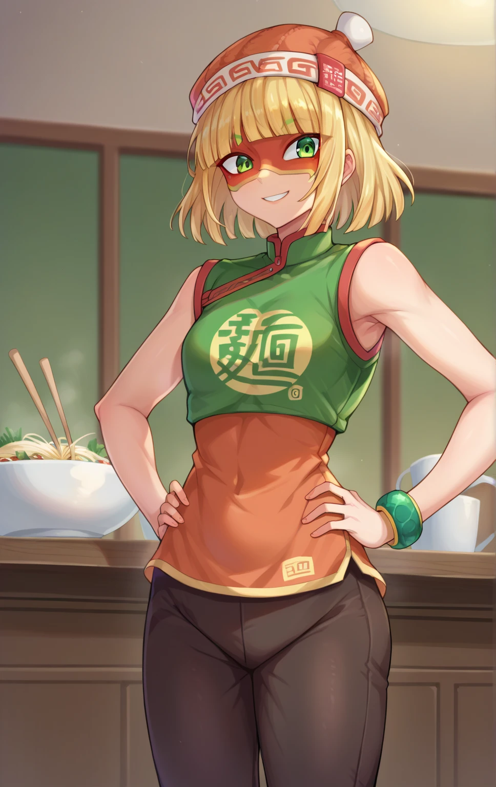 score_9,score_8_up,score_7_up BREAK MinMinSDXL,1girl,short hair,blonde hair,hat,narutomaki,bracelet,green eyes,pantyhose,pants,blunt bangs,chinese clothes,orange tanktop,   noodles,cowboy shot,room,room background, orange tanktop, green pants, crop top, sleeveless, smile, hands on hips, green mask