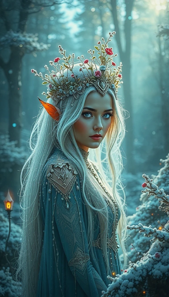 
































































































































































































































































The highly detailed fantasy digital close-up illustration depicts a young, fairy-like elf with bright white hair that seems almost airy.  Bright blue eyes.. Snowflakes are falling. You can also see a creature with a dark body. A mysterious atmosphere reigns in the background: trees shrouded in fog and soft light filtering through silvery snow crowns floating in the air create a fabulous atmosphere. The overall color palette includes cool shades of blue, turquoise, forest green, amber yellow and brown with high contrast and saturation, which enhances the eerie and magical mood of the scene.


















































