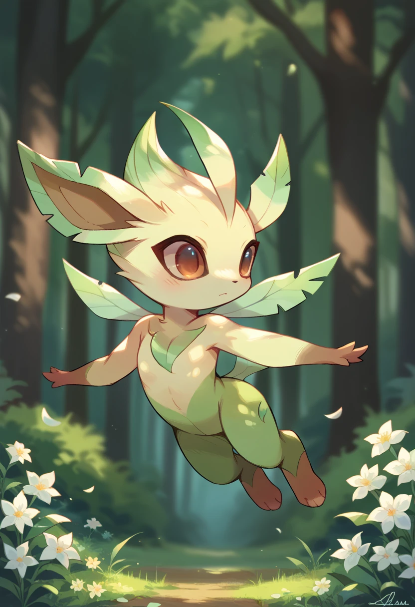 score_9, score_8_up, score_7_up, score_6_up, source_furry, solo, dof,  full-length portrait, blurred background,  celebi, wings, pokemon (creature), forest, flowers, cinematic, flower petals blowing in wind, leafeon, jumping, side profile, watching behind