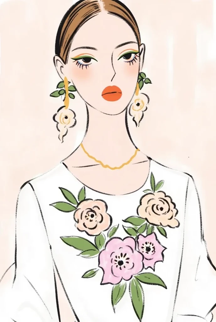  fashion design sketch ：Girl illustration,luxury floral jewelry , ,  digital painting , Fine Hair, (Black Line)，Illustration style, Digital Illustration,  Color Sketch , watercolor Illustration style,