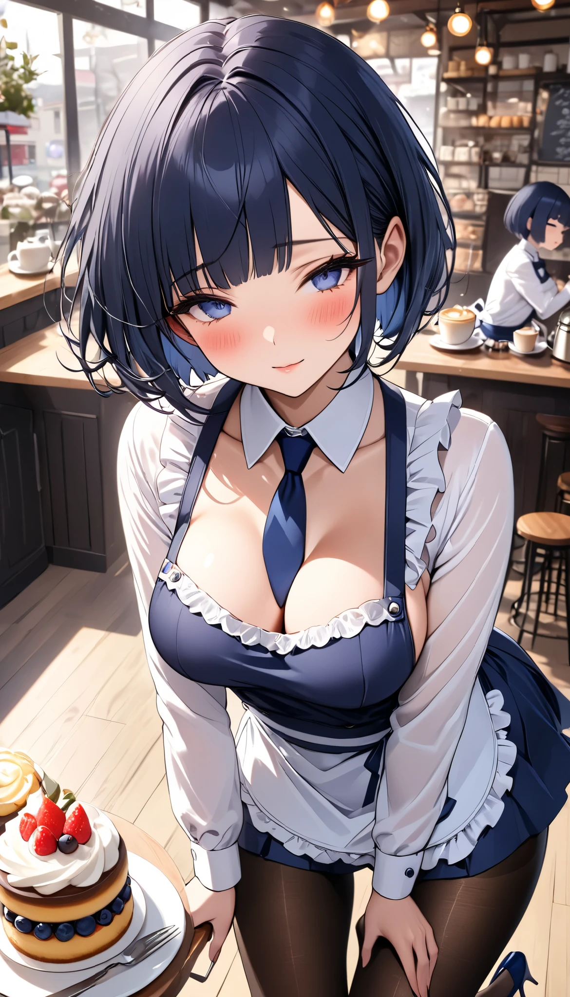 Main piece、high quality、High resolution、1 girl,single, Ruka Sarashina、jewelry、skirt、Maid uniform that exposes the breasts、Japan maid café、Woman with black hair、short hair、black hair、black pantyhose, Blue eyes, long sleeve, blue hair band, bangs, big full breast, cleavage, Medium waist, medium hips, wide thighs, Cowboy photos, smile, fascinating, embarrassing, blush、lots of people, looking at the viewer,from below、Low - Angle,very big breasts、cleavage、Well good、no panties、no panties、Very short skirt、nipple、Serve nipple、Milk spurts out of nipple、Milk drips from nipple、Exposing the breasts、Bare your breasts、Nipples、pussy、dildo