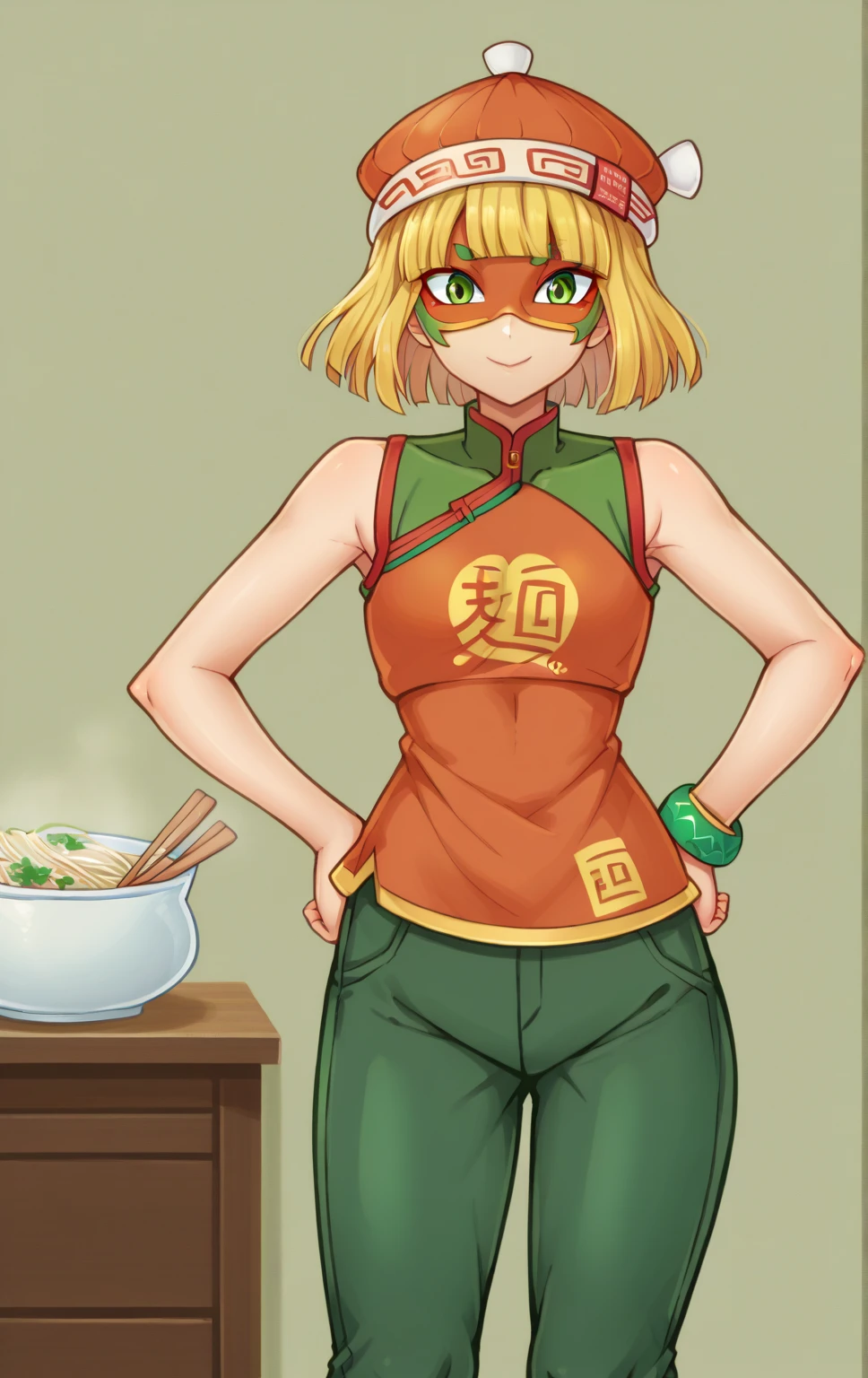 score_9,score_8_up,score_7_up BREAK MinMinSDXL,1girl,short hair,blonde hair,hat,narutomaki,bracelet,green eyes,pantyhose,pants,blunt bangs,chinese clothes,orange tanktop,   noodles,cowboy shot,room,room background, orange tanktop, green pants, crop top, sleeveless, smile, hands on hips, green mask