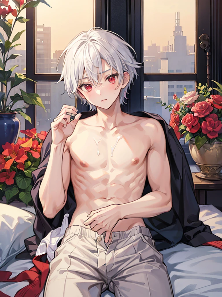 shota, 12years old, penis, beautiful boy, cute boy, junior high school boy, sunburned, Sagging eyes, white hair, red eyes, nude, shirtless, pants less, underwear less, fucked anal by elder brother, shot cum, on bed, erotic, masterpiece, best quality, ultra quality, high quality, hyper detailed, intricate detailed, studio lighting, anime, real