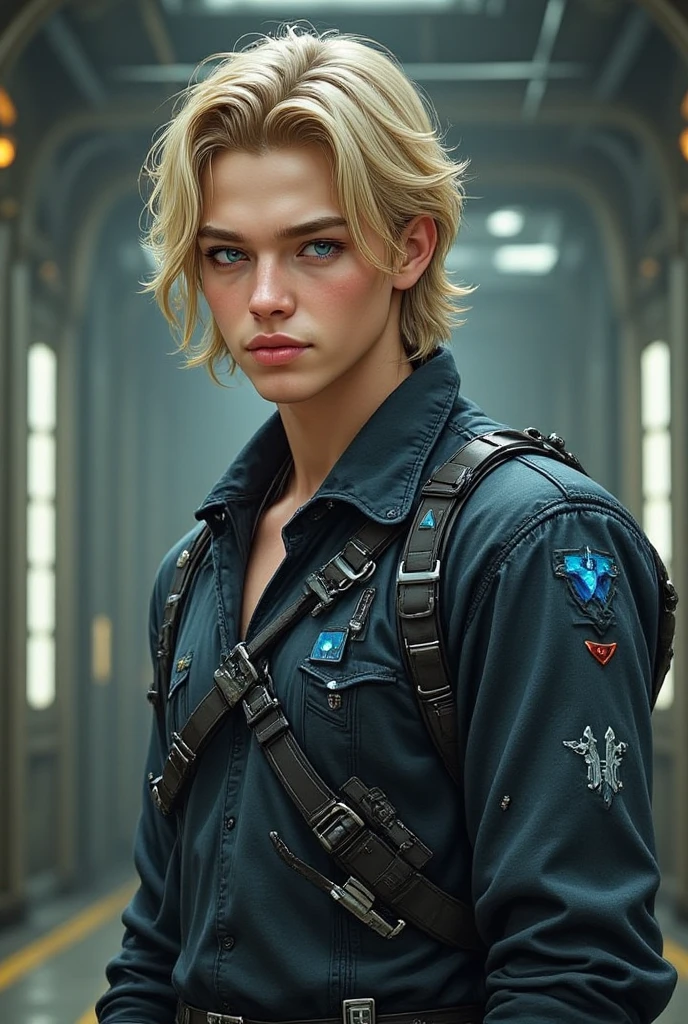 Blond boy,  warrior with blue eyes, small blue cross clips on the sides of the head,  hairpins with medium length hair,  ruffled ,  Cyberpunk, smirk, space uniform ,  realistic