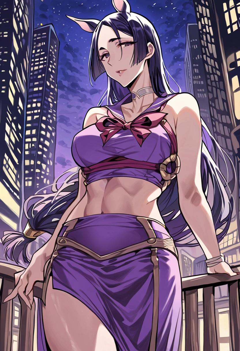 masterpiece, best quality, highres, hmmr1, minamoto no raikou (fate), low-tied long hair, microdress, bodycon, collarbone, neckerchief, midriff, long skirt, choker, side slit, golden, cowboy shot, standing, city, night sky,white hair,goldship(umamusume)