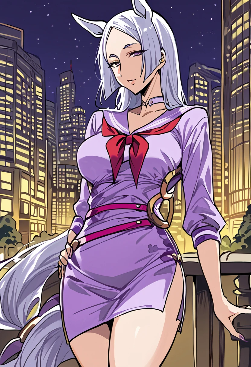 masterpiece, best quality, highres, hmmr1, minamoto no raikou (fate), low-tied long hair, microdress, bodycon, collarbone, neckerchief, midriff, long skirt, choker, side slit, golden, cowboy shot, standing, city, night sky,white hair,goldship(umamusume)