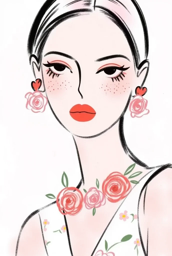  fashion design sketch ：Girl illustration,luxury floral jewelry , ,  digital painting , Fine Hair, (Black Line)，Illustration style, Digital Illustration,  Color Sketch , watercolor Illustration style,