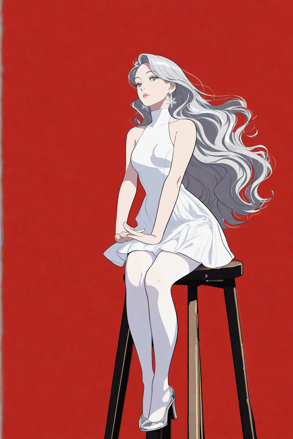 ((masterpiece)), ((top quality)), depth of field, high res, pops art style illustration, flat color illustration, vector trace illustration, not realistic, 2d shading, red and black theme, 1 female, 24 yo, mature, cowboy shot, beautiful, charming, elegant, sitting on a stool, feminine gestures, perfectly detailed eyes, perfectly detailed face, perfect face, silver hair, long bob hair, soft wavy hair, dark silver eyes, thin lips, bare shoulders, (balanced hands and fingers), (beautiful hands and fingers shape), slim waist, wearing a chiffon dress over a white bodysuit, snowflake earrings, white sheer stockings, pearl white heeled pumps, vivid red background, simple background