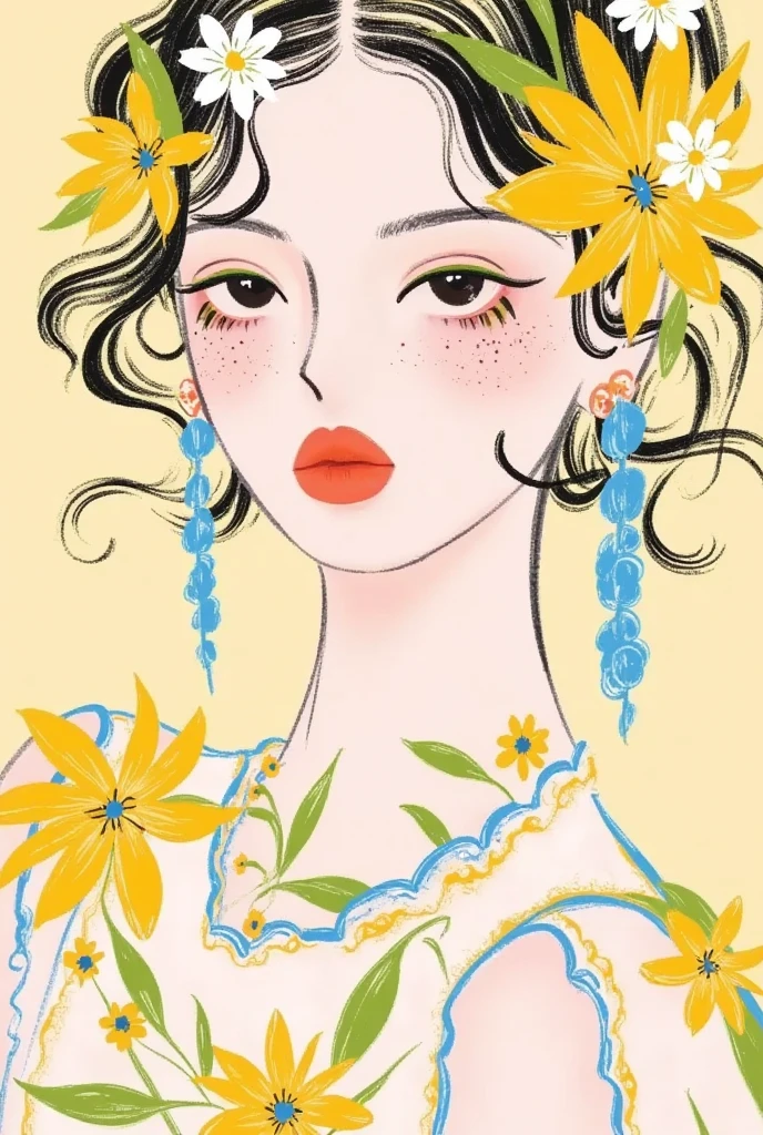  fashion design sketch ：Girl illustration,luxury floral jewelry , ,  digital painting , Fine Hair, (Black Line)，Illustration style, Digital Illustration,  Color Sketch , watercolor Illustration style,