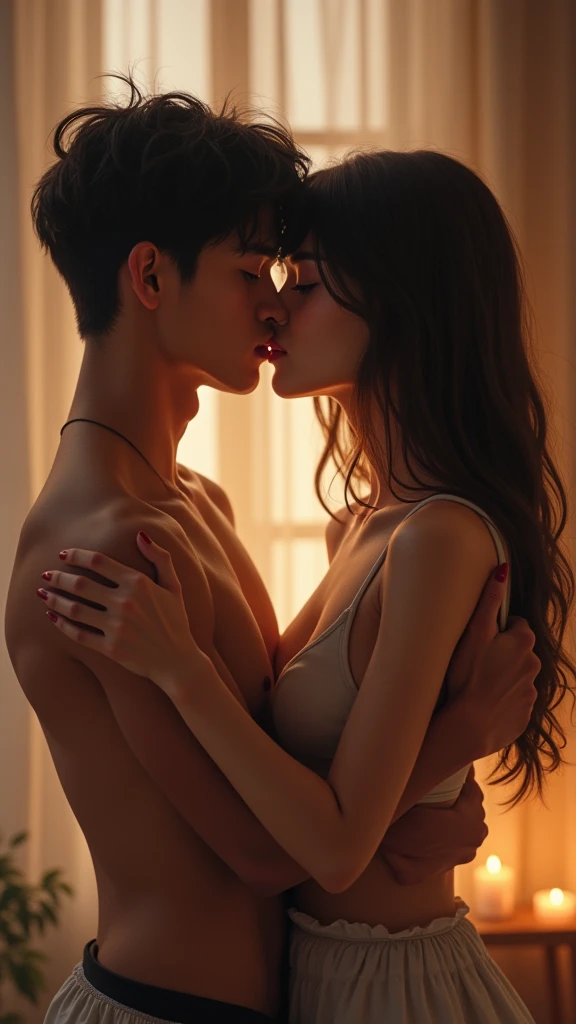 Biting lip, horny, anthro, mature female, canine, big butt, facesitting, human, young male, on the bed, in private