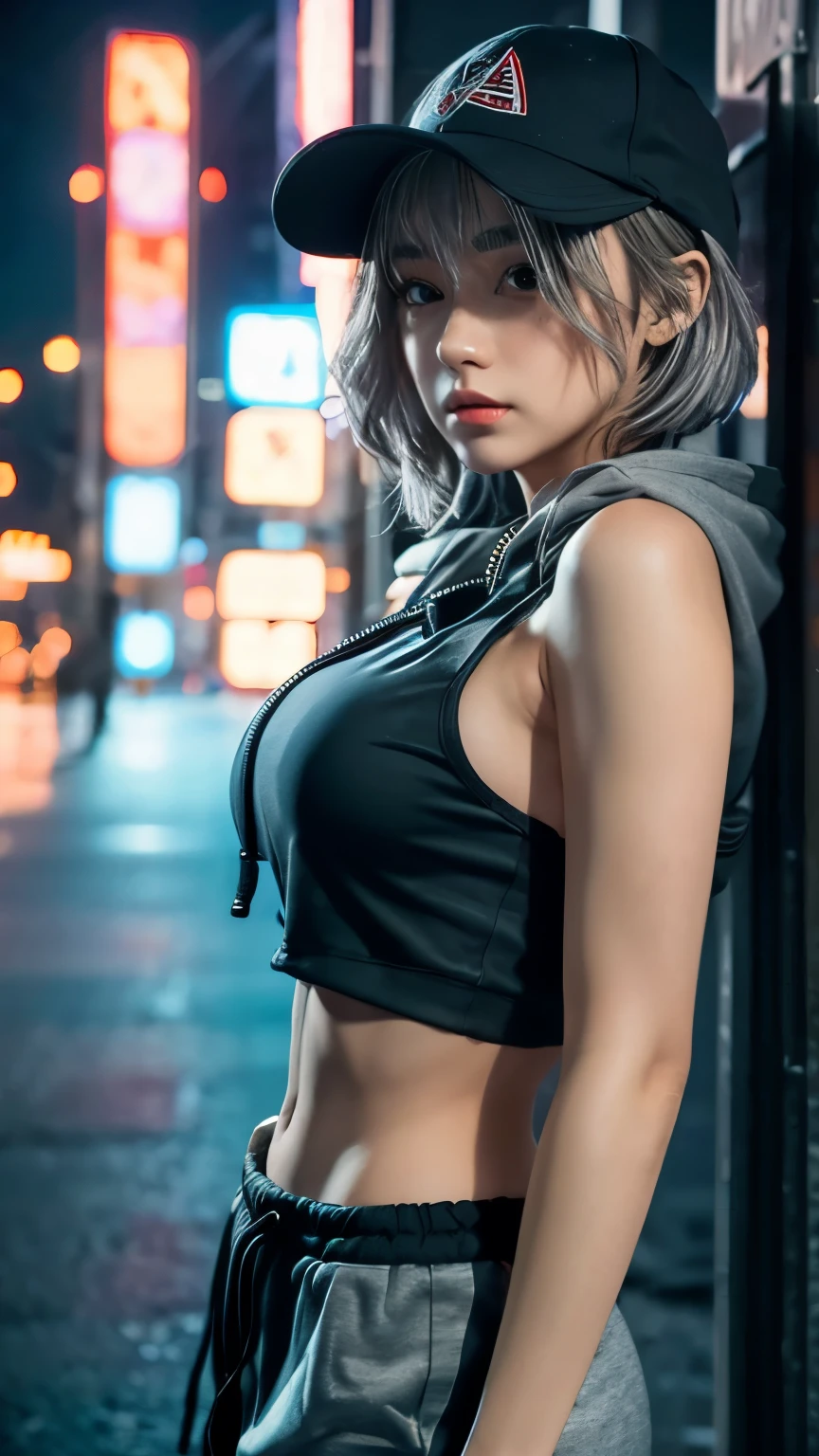 masterpiece, Highest quality, Very detailed, 8k, Realistic, One Girl, alone, Tomboy, Very detailed face, (head shot:1.5), Cyberpunk neon lit futuristic city、Neon lights illuminate the scene, at night, Cyberpunk art, 32K, Ultra HD, Unreal Engine Rendering, Cinema Lighting,Pixie cut white hair, He is wearing a short tank top and an open-zipped hoodie.....,I can see your chest,Nice ass,Wear a New Era cap