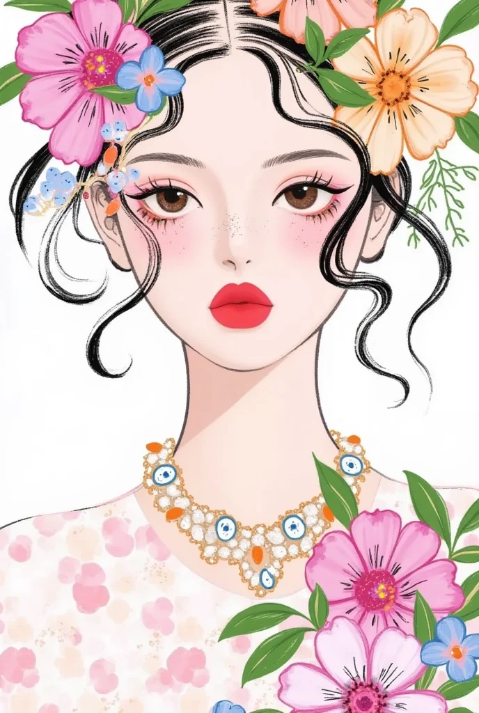  fashion design sketch ：Girl illustration,luxury floral jewelry , ,  digital painting , Fine Hair, (Black Line)，Illustration style, Digital Illustration,  Color Sketch , watercolor Illustration style,