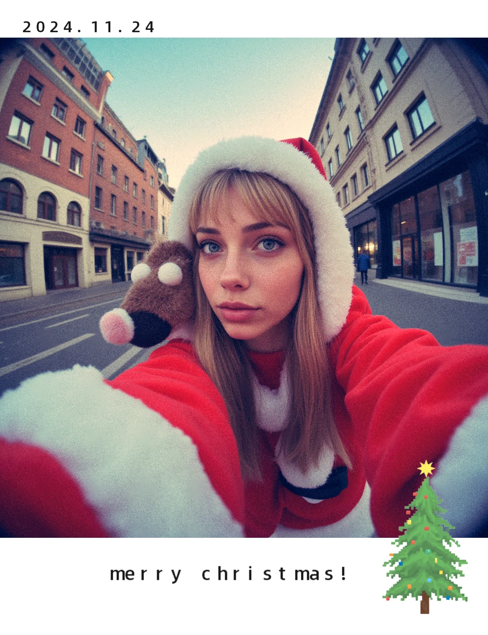 selfie of a beautiful blonde 18 year old girl in a red kilt blindfolded with a uniform tie
