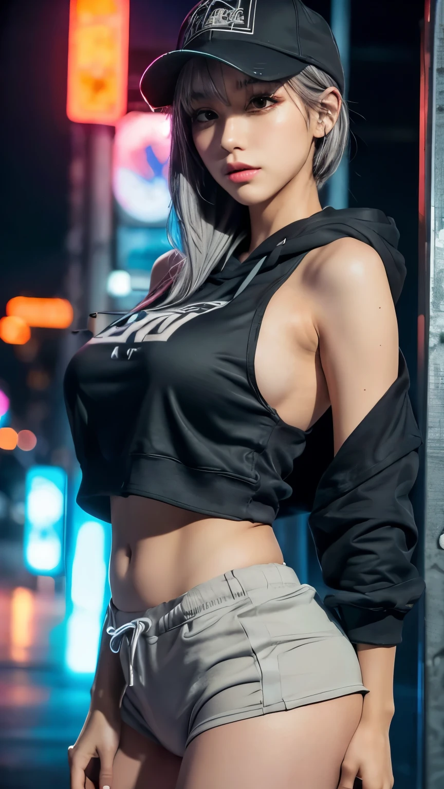 (masutepiece: 1.3), (max resolution: 1.2), (Ultra HDTV: 1.2),  Ultra HDTV, (Detailed eyes and skin), (detailed facial features), 8K resolution, foco nítido: 1.2, Perfect Style, beautiful countenance, precise, Anatomically correct, Highly detailed facial and skin texture, A detailed eye, Light purple eyes, Double eyelids, Thin eyebrows, (Eyes lowered:0.65), (Glitter Eyeliner:1.2), (Wet body), Natural cheeks, Glossy skin, (bright skin:1.2), shiny necklace and earrings, (Glossy lips: 1.4), BREAK, Absurde, One man's perspective, (She is the most beloved employee of the nightclub), (In a black micro bikini:1.3), (Wear an oversized shirt with white buttons:1.3), BREAK, (Shy smile:1.2), ((18year old, Very nice and neat girl:1.3)), (Hairstyle in the form of a ponytail on the sides, Wavy Hair), (Dark silver hair:1.4), mid - length hair, ((the pose, Stick your chest out of the counter:1.2)), ((There are a lot of spectators around;1.2)), FULL BODYSHOT, (focus on chest:1.2), Looking up at the viewer, (From directly above), medium large breasts, (In a super erotic nightclub), BREAK, (((Purple Neon Light))), (((Dim lighting:1.3))),head phone、((Sweat,steam)), Prank