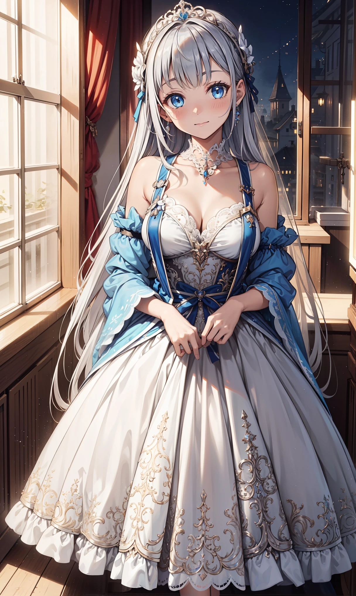lexington \(warship girls r\),1girl, solo, (8k, masterpiece:1.2),highly detailed,ultra-detailed,masterclass,hair_between_eyes,braid,perfect lighting,medium breasts,hair ornament,(detailed facial features),full body,long_hair,blush,feathers hair ornament,(dark blue wedding dress:1.2) night,windows,indoors,light,indoors,carpet,illustration,cowboy shot,masterpiece,best quality,(MediumBlue evening dress:1.2), Flaxen long hair(delicate hair),blue eyes(delicate eyes),