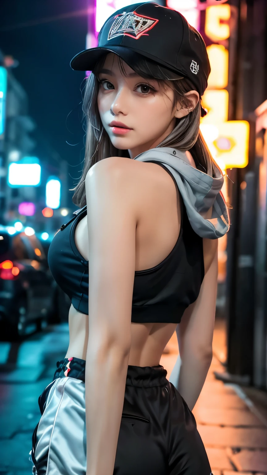 (((professional: step by step, considering even the smallest detail god level final result))): "Zettai Ryouiki, with medium light brown hair and two pigtails above her ears, 50% Revealing clothing, Show skin, ((Rave shirt, Low-cut shirt, Rave miniskirt, Visible thong straps)), (with a rave outfit:1.2, 50% Rave clothing), (Detailed outfit, Detailed clothing), (sexy walking pose), Solo focus, embarrassed, centered, Scale to fit dimensions, Rule of thirds, ((Night view)),(cyberpunk night street Background: 1.5, dark sky, alley, lonely alley, clouds thick, Background with intricate details), (Best quality),(high resolution),(Sharp focus),(intricate details),(Very high quality artwork),(very fine 8K CG),((perfect piece) ), (((Masterpiece))), illustration, vibrant colors, high contrast, selective lighting, double exposure, HDR (high dynamic range), Post-processing, Background blur"