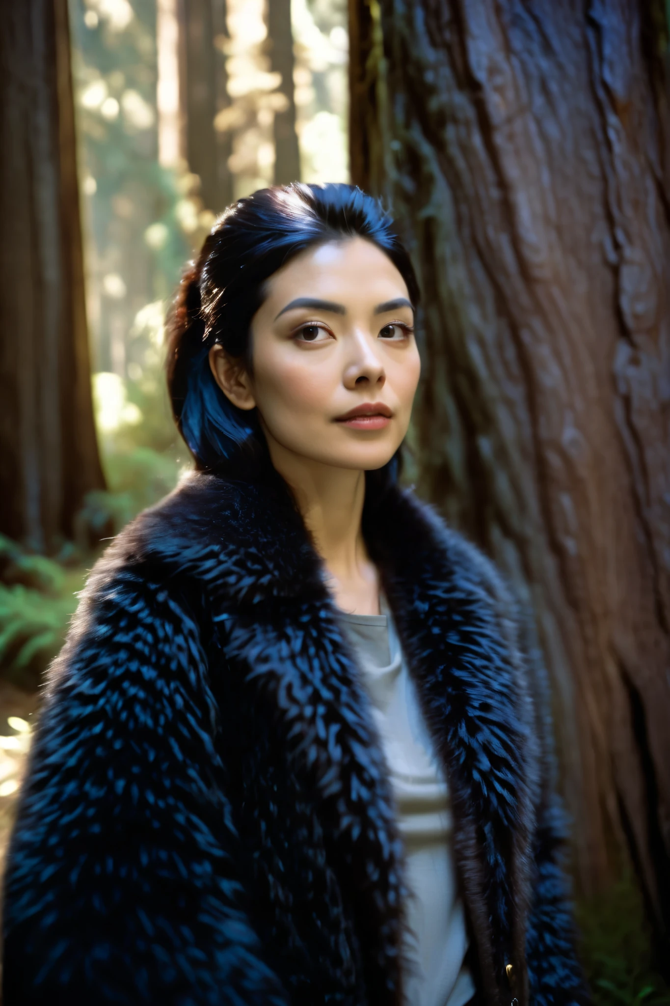 photograph of a woman, (sympathetic expression), ultra textured skin, goosebumps, black hair half up, half down, fur lined jacket with skinny jeans, group profile, towering ancient redwood trees create a sense of wonder and awe, perfect eyes, ((hard light:1.4)), color Velvia 100, shot on Cinestill 800T, bokeh, sharp focus on subject, shot by Manuela Marques