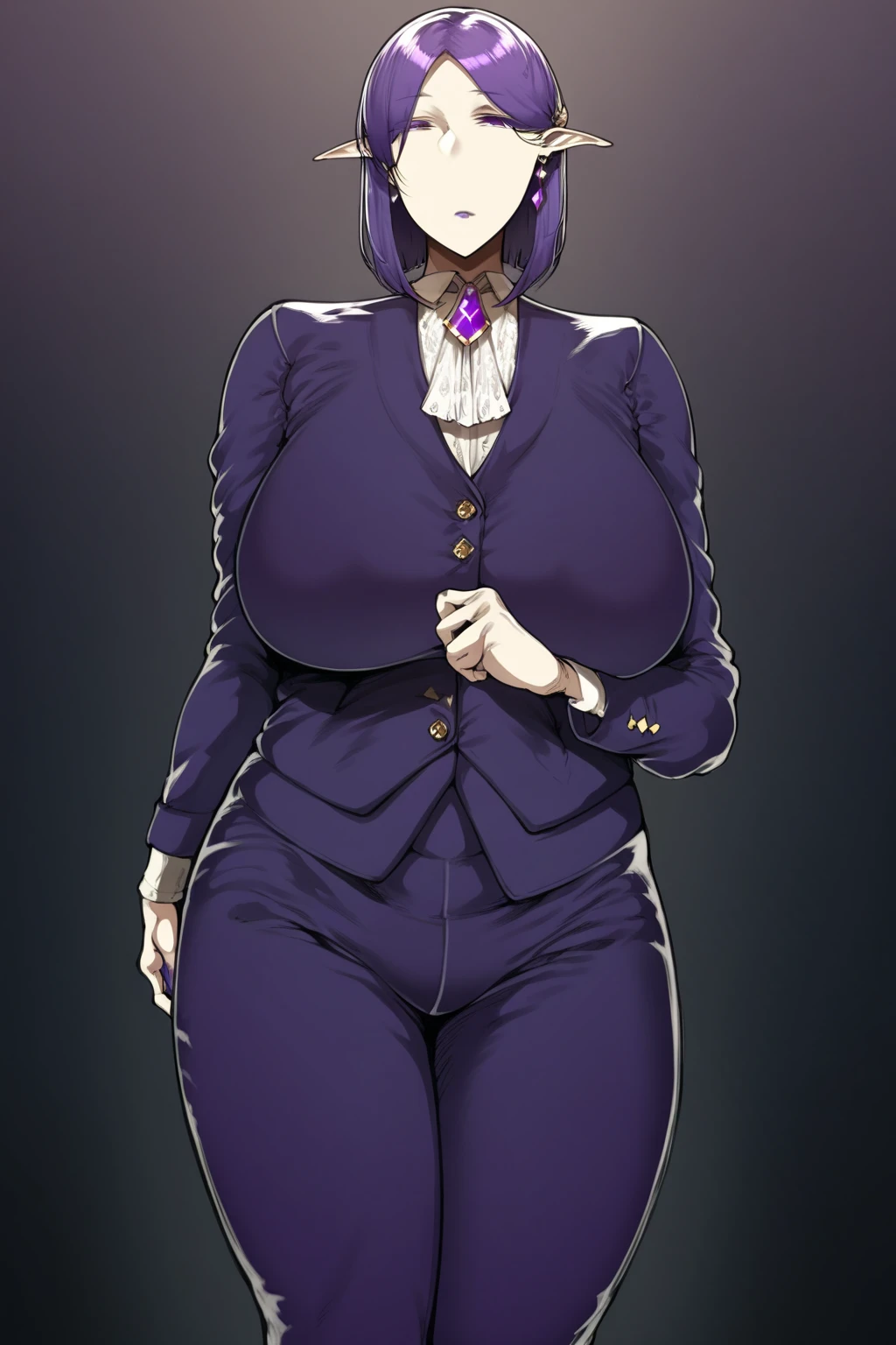 Milf, very voluptuous mature woman,  voluptuous body ,  very dark purple hair ,  by Corte Bob, bob cut hair, Straight hair, Very tall woman, big woman,  suitable for all audiences , pale skin,  butler woman , anime,  anime style tanishi ,  woman in very elegant men's clothing, Woman in butler clothes, dark purple eyes ,  dark purple eyelashes ,  purple gem brooch on the neck,  earrings with purple gems ,  woman with pants, empty stare y sin expresiones,  look without emotions y sin expresiones, empty stare,  look without emotions, Expressionless look, No expressions on my face, Expressionless look, Straight hair, by thin,  pointy ears , Elf ears, Very beautiful female elf, Butler&#39;s suit, mujer con Butler&#39;s suit hombre,  woman with pants de hombre,  tight pants, Female butler, Milf butler, Milf with men's pants, elegant pants, Butler&#39;s suit morado obscuro, Alone,  butler woman  sola,  a butler, mayordomo Alone, Image of a single person, purple nails, dark purple lips,  purple lipstick ,  open eyes ,  looking at the spectator , 