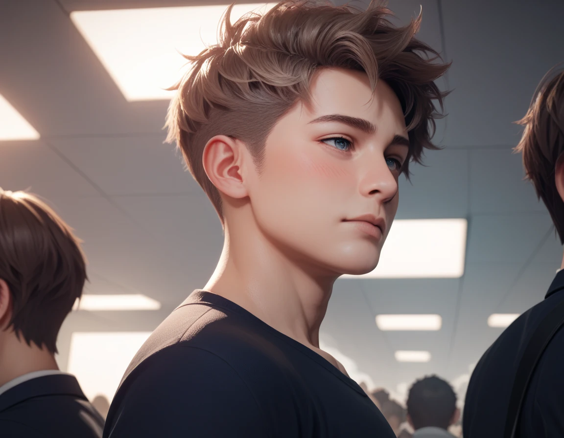 {(1boy(11yr old))},delicious expression,blush,messy short hair,blond hair and brown hair,from below side,in public school class,half naked,fullbody,hd,4k,8k,dynamics lighting,perfect lighting,realistic