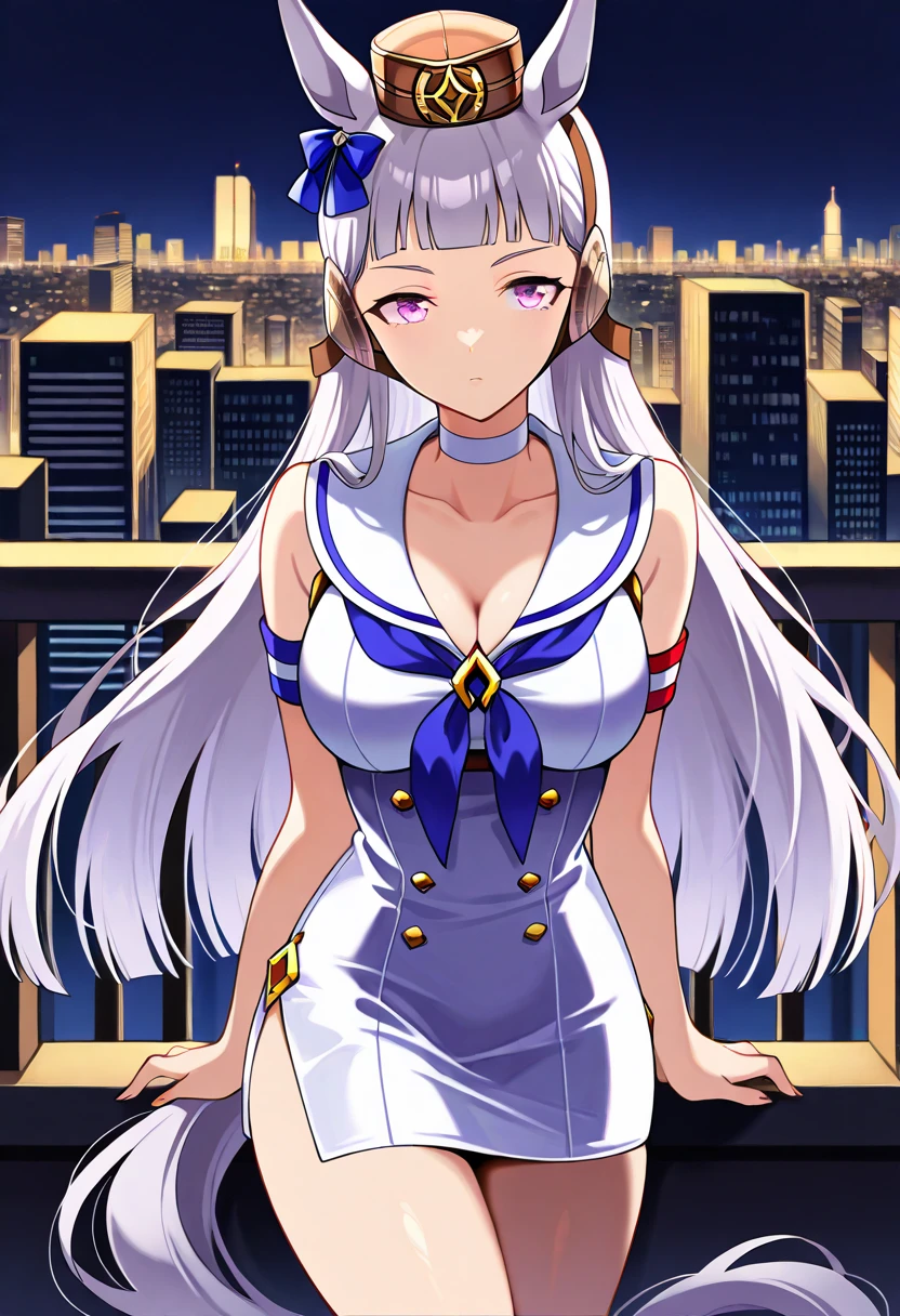 masterpiece, best quality, highres, hmmr1,low-tied long hair, microdress, bodycon, collarbone, neckerchief, midriff, long skirt, choker, side slit, golden, cowboy shot, standing, city, night sky,white hair,goldship(umamusume)goldship(umamusume), horse ears, solo, animal ears,horse tail, horse girl, tail,cleavage,long hair,