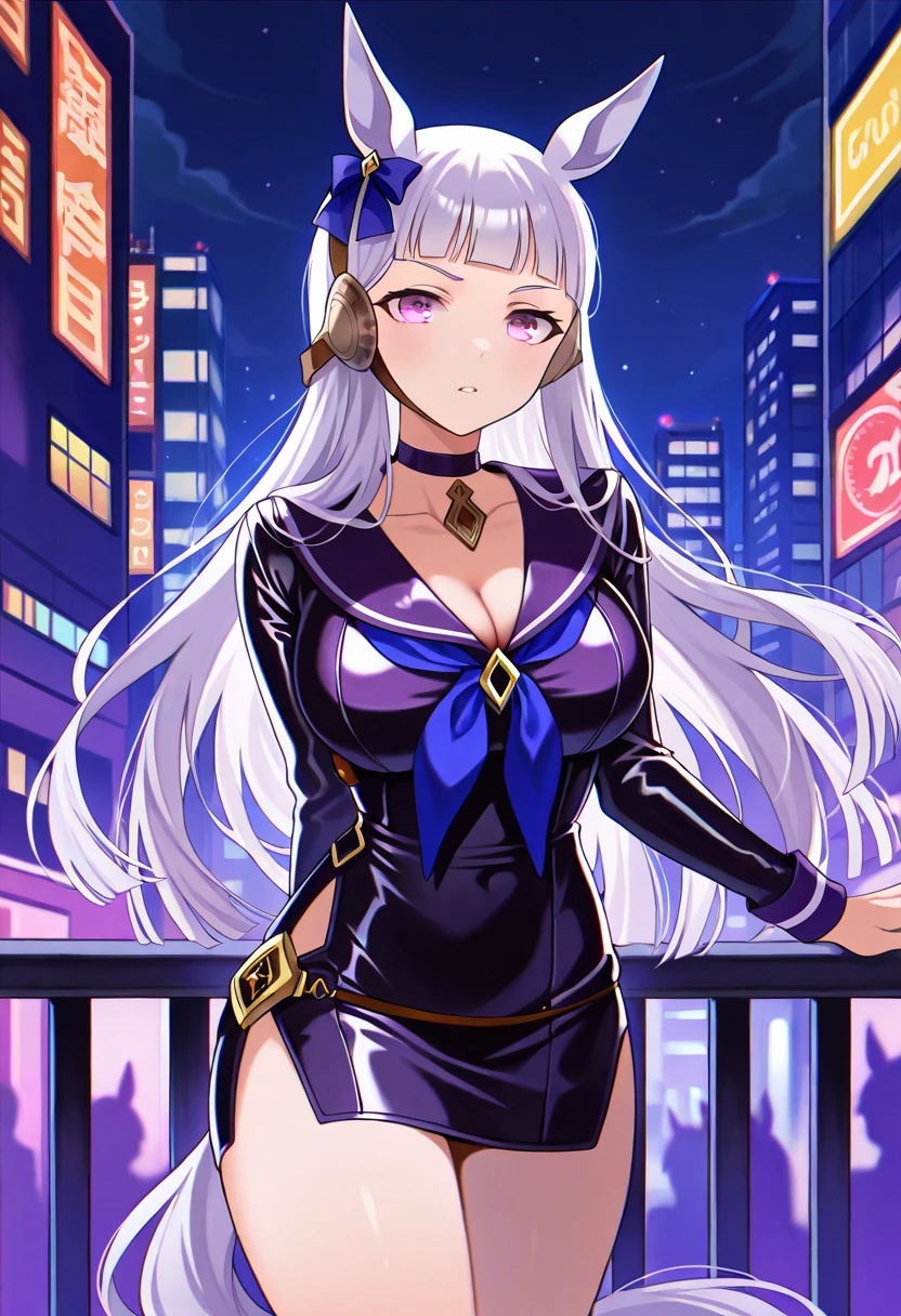 masterpiece, best quality, highres, hmmr1,low-tied long hair, microdress, bodycon, collarbone, neckerchief, midriff, long skirt, choker, side slit, golden, cowboy shot, standing, city, night sky,white hair,goldship(umamusume)goldship(umamusume), horse ears, solo, animal ears,horse tail, horse girl, tail,cleavage,long hair,