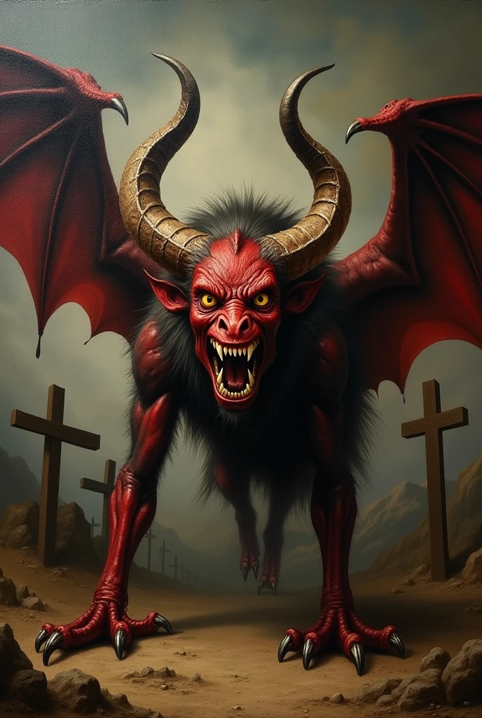 a goat headed demon with big horns, strong beefy upper body, blood body paints,  furs, ((claws, wings)),  demonic armor, blood splatters,  skulls on the floor, necromancer ritual , medieval,  dark room, dim light,
masterpiece, realistic, oil painting