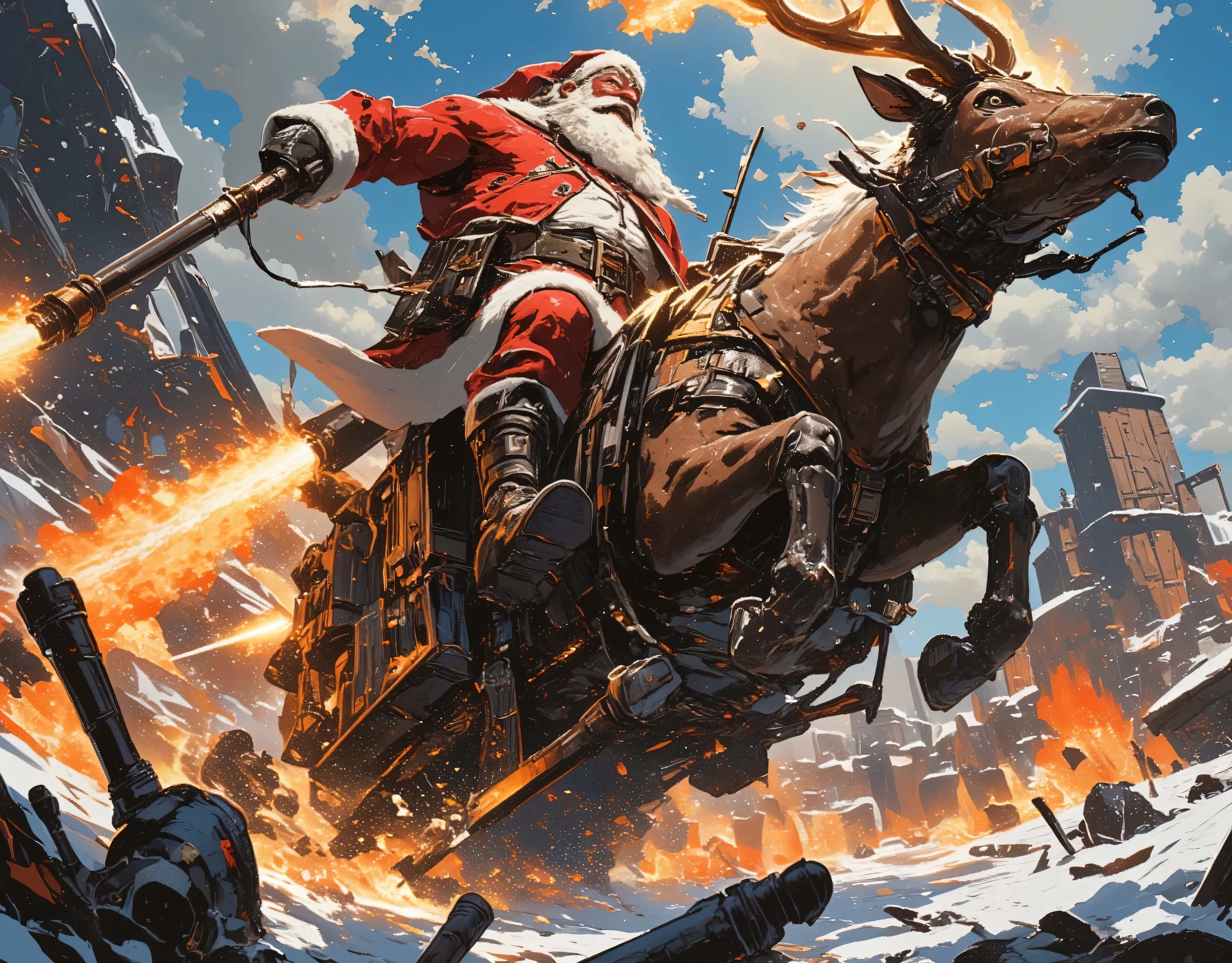 masterpiece:1.3,  highres icon,  Strong Body Santa Claus ,  Beard Flickering Like Fire ,  An Aura Bursting Out of Their Eyes ,  Muscles are pushing up Santa clothes, Thick Muscular Arms ,  Santa Claus Riding a Heavily Armed Sleigh ,  Reindeer breathing fire out of his mouth ,  Reindeer with Strong Body , Overlooking:1.3, Dramatic:1.1, Dynamic Paintbrush 