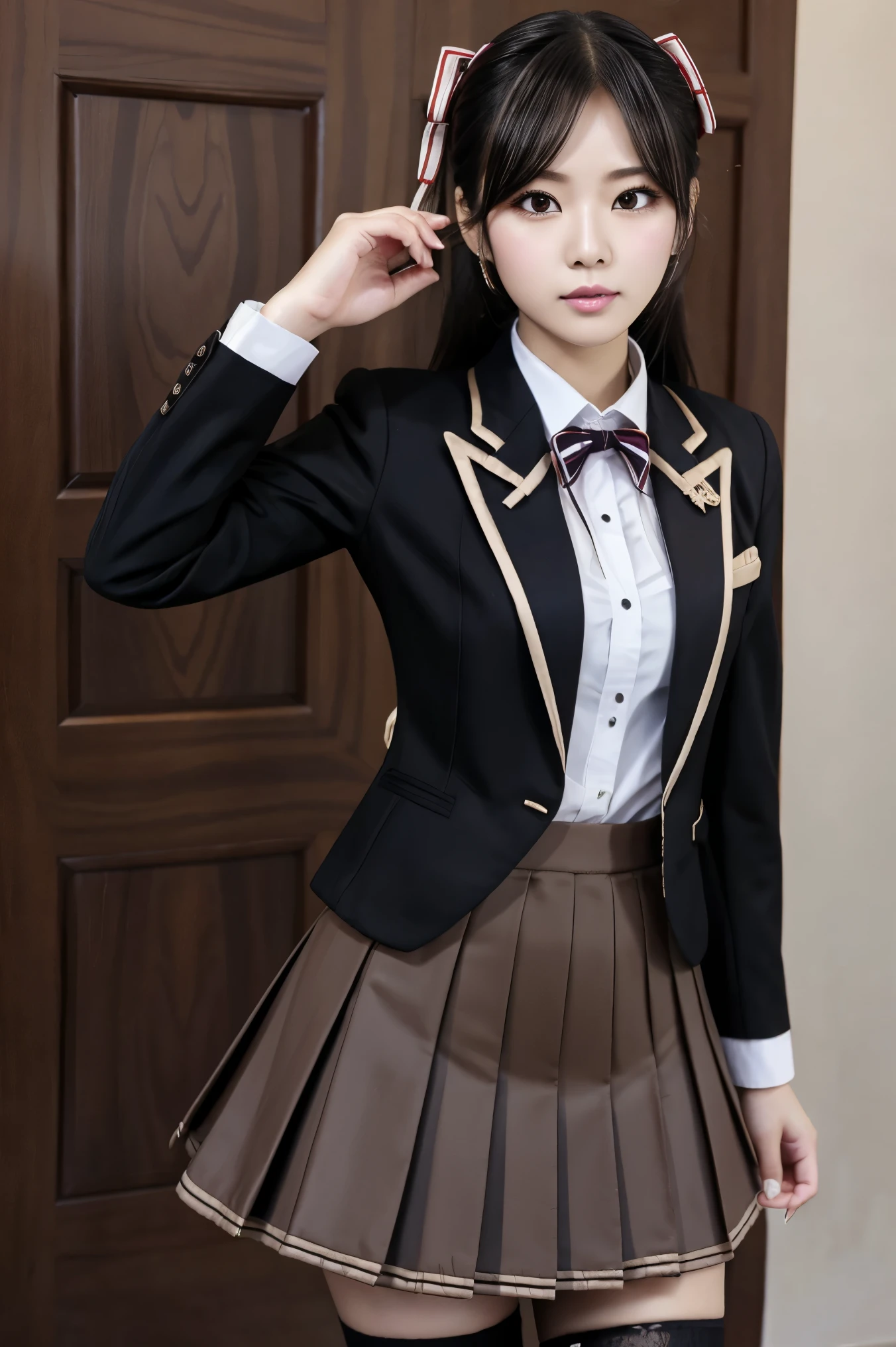 tokisaki kurumi_sobu high _cosplay,_,blazer,collared shirt,neck ribbon,pleated skirt,pantyhose,hair rings,loafers,_hair,