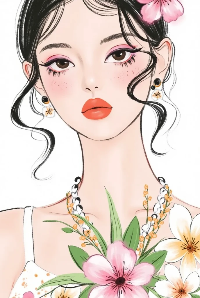  fashion design sketch ：Girl illustration,luxury floral jewelry , ,  digital painting , Fine Hair, (Black Line)，Illustration style, Digital Illustration,  Color Sketch , watercolor Illustration style,