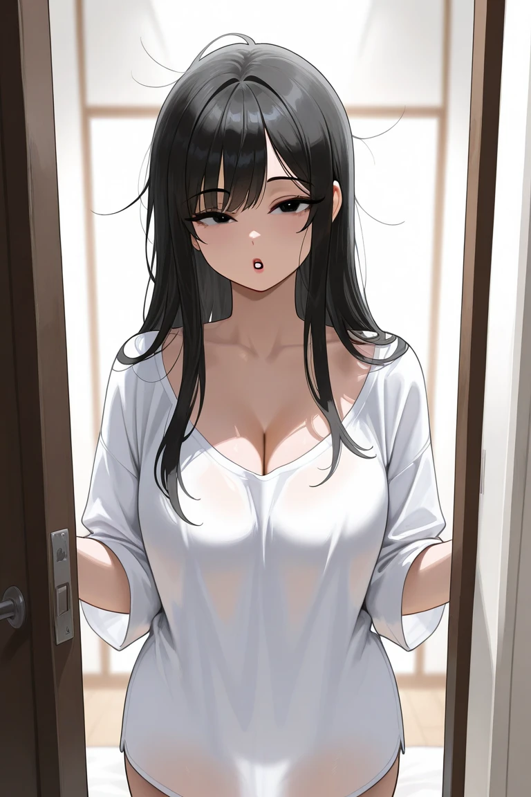 female anime character,long black hair, black eyes,ideal body,wearing a white loose shirt that shows her cleavage, she just woke up.she's not wearing anything under her shirt,Her hair was messy, while she yawned sleepily,she opened the door for you