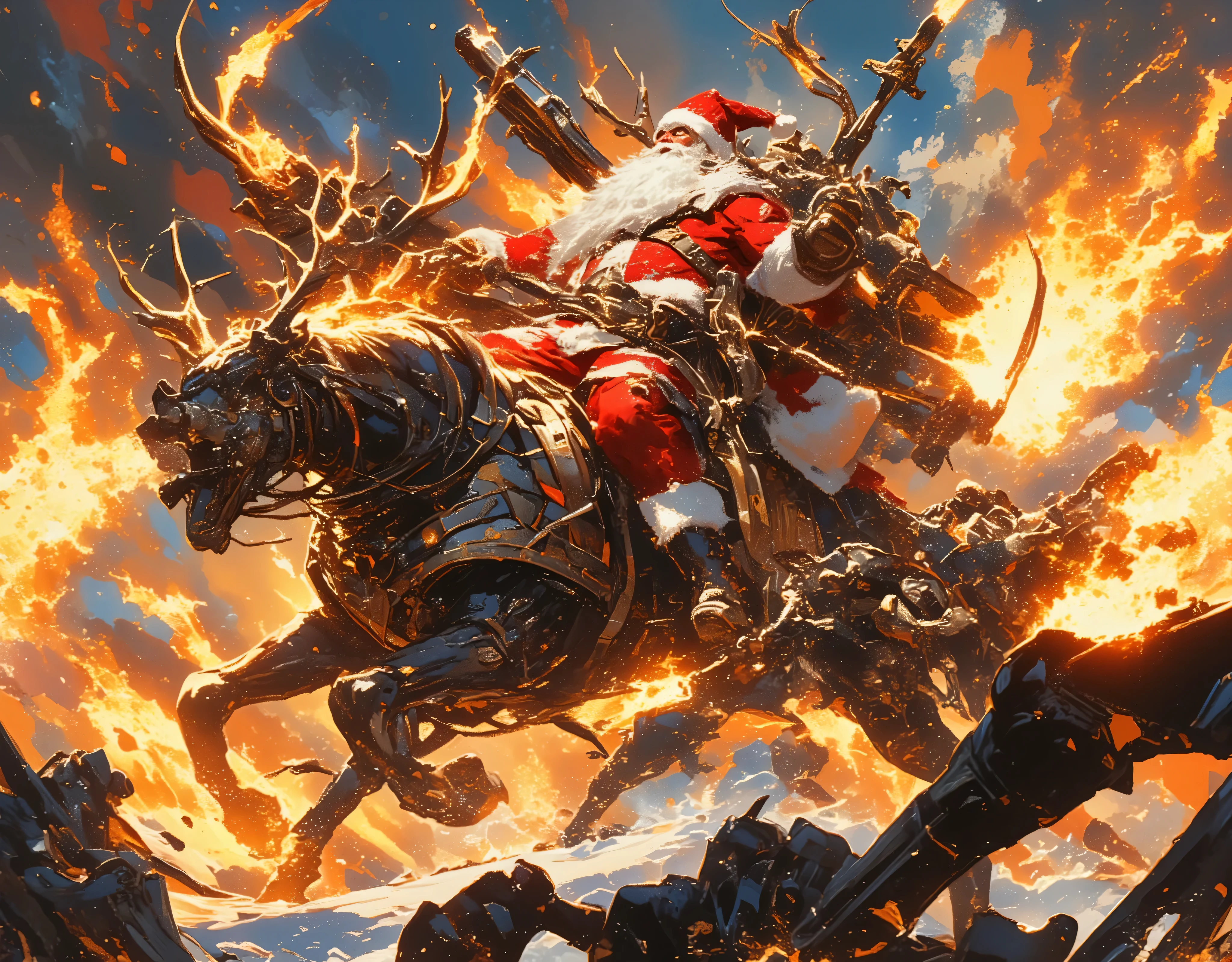 masterpiece:1.3,  highres icon,  Strong Body Santa Claus ,  Beard Flickering Like Fire ,  An Aura Bursting Out of Their Eyes ,  Muscles are pushing up Santa clothes, Thick Muscular Arms ,  Santa Claus Riding a Heavily Armed Sleigh ,  Reindeer breathing fire out of his mouth ,  Reindeer with Strong Body , Overlooking:1.3, Dramatic:1.1, Dynamic Paintbrush 