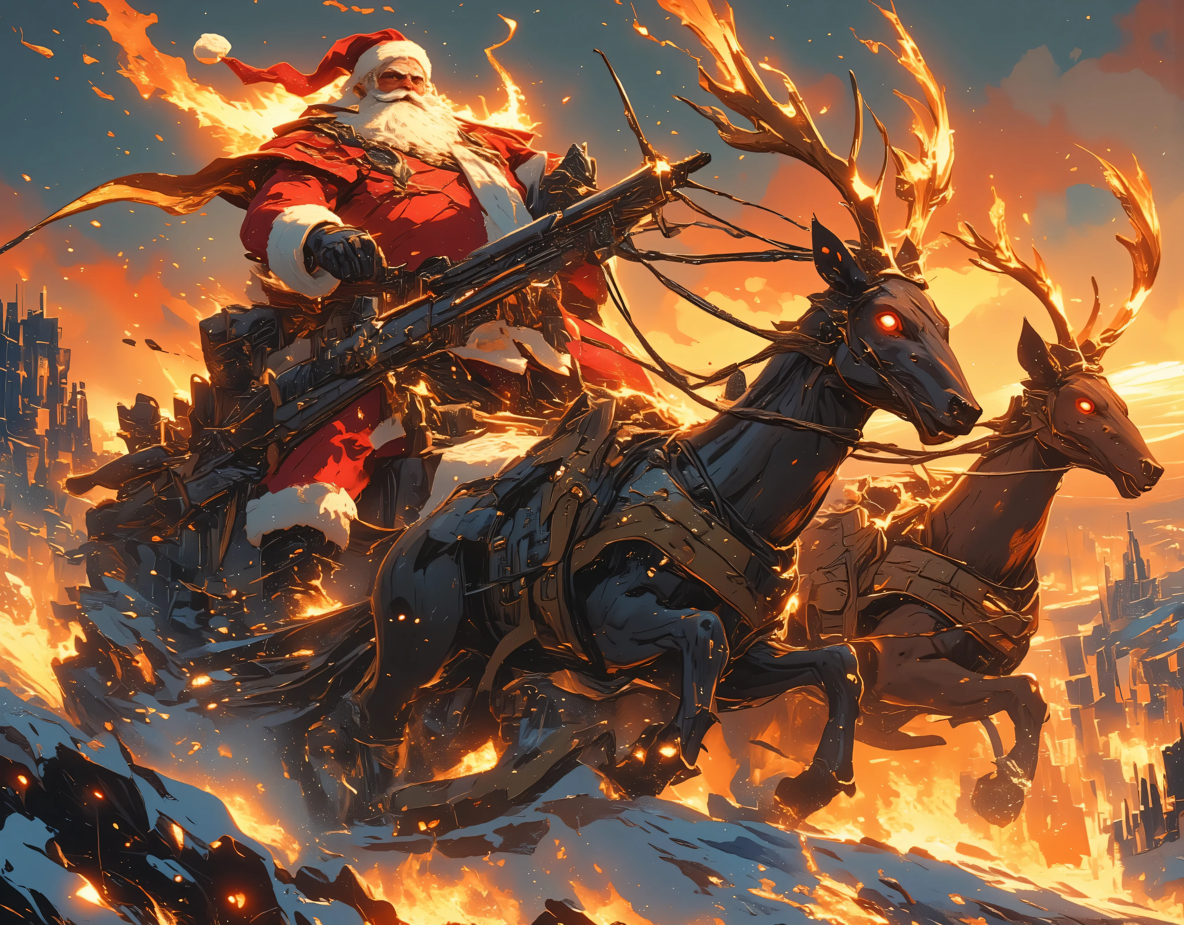 masterpiece:1.3,  highres icon,  Strong Body Santa Claus ,  Beard Flickering Like Fire ,  An Aura Bursting Out of Their Eyes ,  Muscles are pushing up Santa clothes, Thick Muscular Arms ,  Santa Claus Riding a Heavily Armed Sleigh ,  Reindeer breathing fire out of his mouth ,  Reindeer with Strong Body , Overlooking:1.3, Dramatic:1.1, Dynamic Paintbrush 