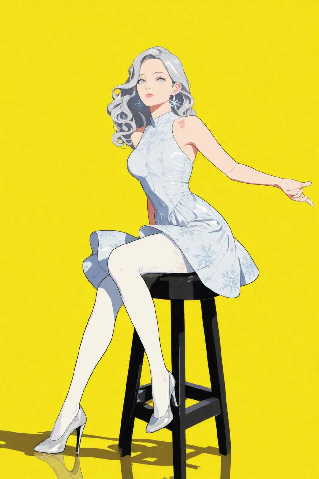 ((masterpiece)), ((top quality)), depth of field, high res, pops art style illustration, flat color illustration, vector trace illustration, not realistic, 2d shading, 1 female, 24 yo, mature, beautiful, charming, elegant, sitting on a stool, feminine gestures, perfectly detailed eyes, perfectly detailed face, perfect face, silver hair, bob hair, wavy hair, silver eyes, thin lips, bare shoulders, (balanced hands and fingers), (beautiful hands and fingers shape), slim waist, wearing a chiffon dress over a white bodysuit, silver snowflake earrings, white sheer stockings, pearl white heeled pumps, vivid yellow background, simple background