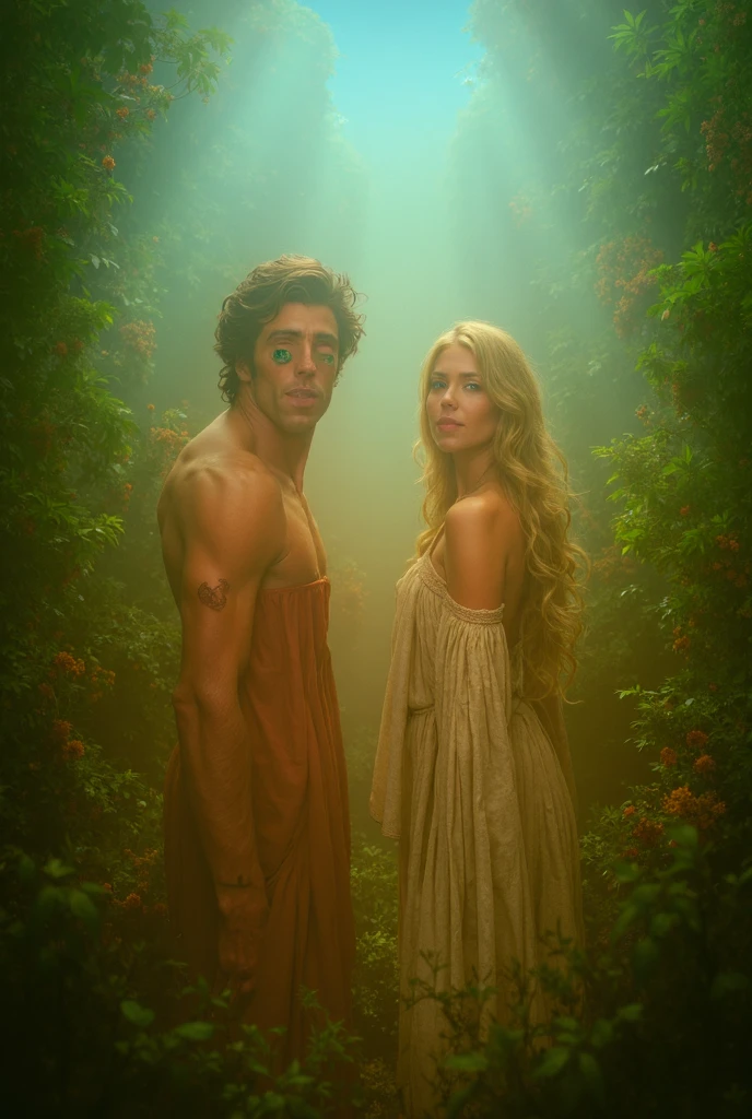 Adam and eve in the Garden of Eden dressed in animals cloths