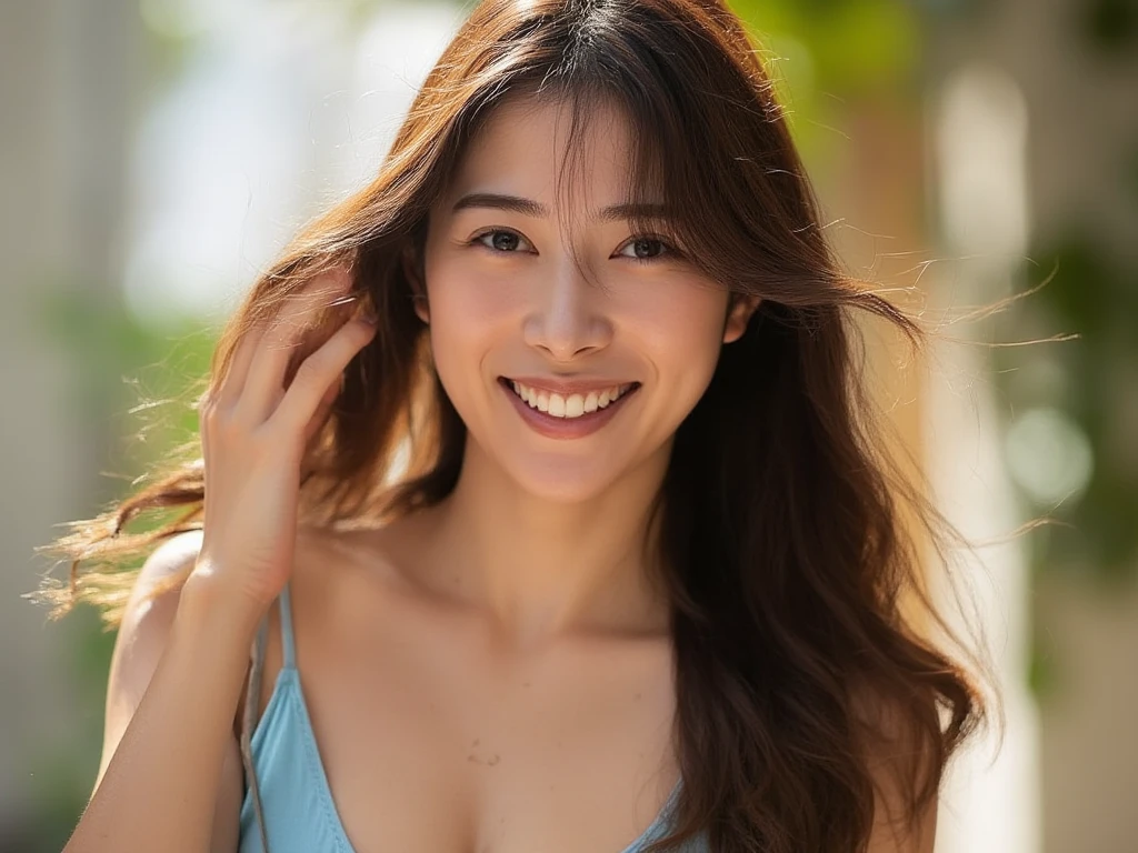 A lively and cheerful close-up portrait of an East-Asian woman in her mid-20s, with a radiant smile that exudes energy and joy. Her long, wavy brown hair playfully falls around her face, some strands caught in motion, adding a dynamic and carefree vibe to the composition. She wears a sleeveless light-blue top, and her hand gently brushes her hair away, emphasizing her expressive eyes and glowing complexion. The soft natural light enhances the vibrant atmosphere, while the blurred outdoor background adds depth and warmth to the scene, perfectly capturing a moment of spontaneous happiness