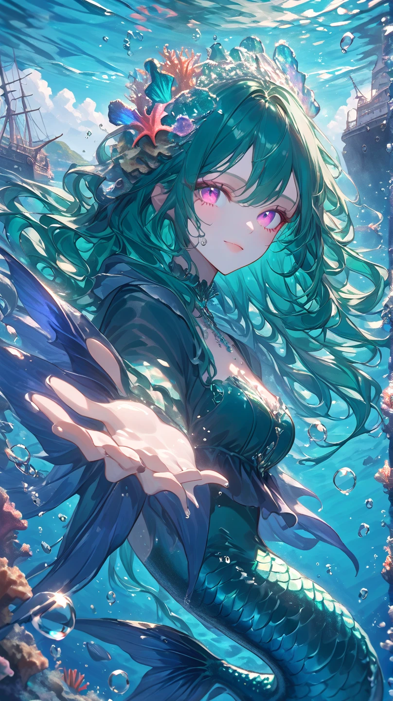 a woman with long wavy dark teal green hair, pink eyes, mermaid, swimming in the surface of the sea, small corals on her head, clear water, bubbles, smilling, island and ship background, hands up