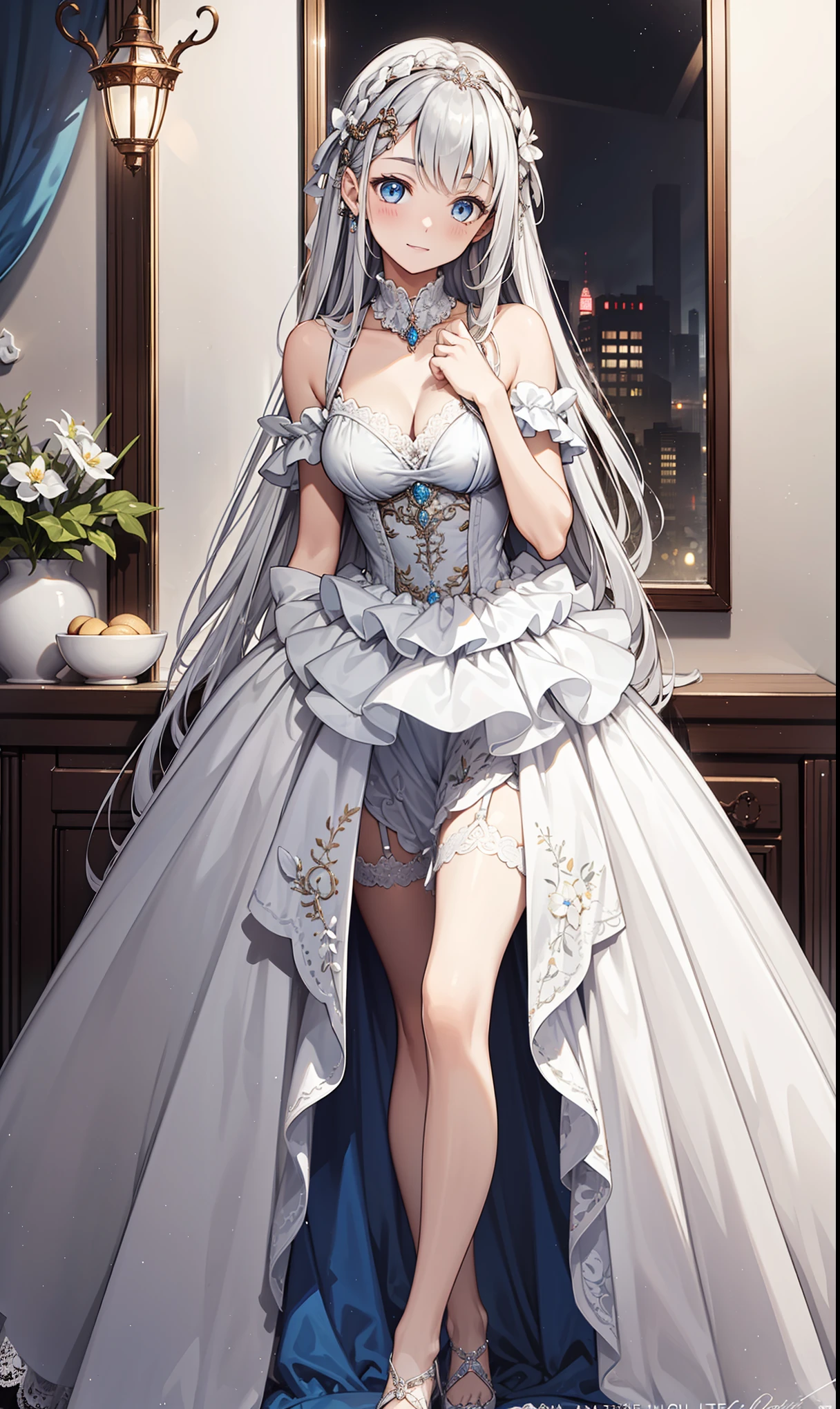 A woman with silver hair and blue eyes、Long, fluffy wavy hair、Braiding、Wearing lingerie、garter belt、race、Classy and elegant、I&#39;m in bed
