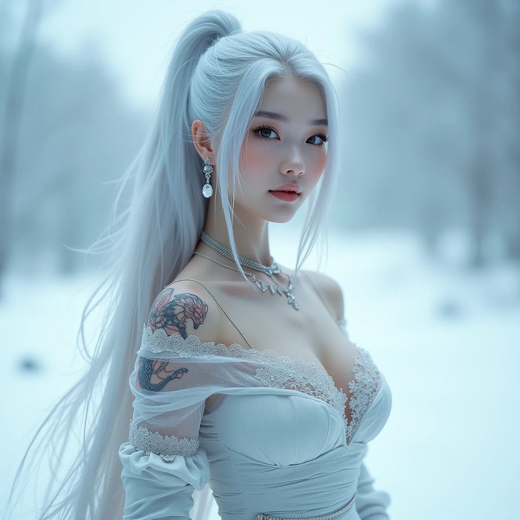 (Masterpiece, best quality:1.2),1 girl, upper body,tail, large tail, white hair, My hair is very long., Wavy hair, gray eyes, detailed eyes, colorful hair, circle, bead necklace, leopard ears, black coat, white dress, hip vents, Pelvic curtain, gray thighs, snowy, snowy mountains, snow storm, Volumetric light, subsurface scattering, movie light, chiaroscuro, floating hair, Put your hands on your own chest.