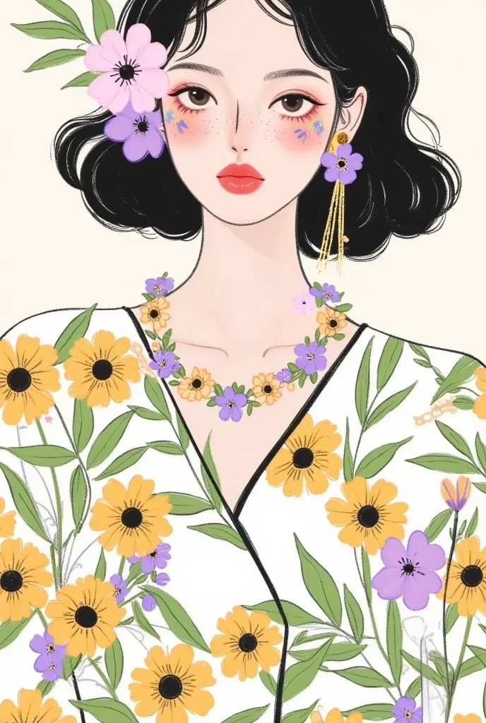  fashion design sketch ：Girl illustration,luxury floral jewelry , ,  digital painting , Fine Hair, (Black Line)，Illustration style, Digital Illustration,  Color Sketch , watercolor Illustration style,